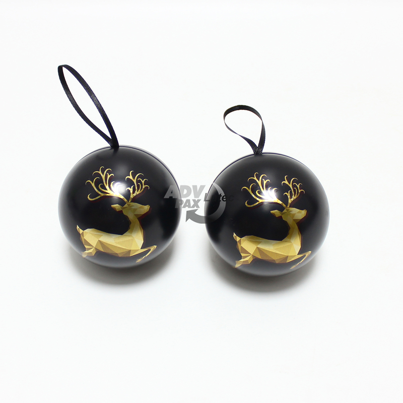Christbaumkugel, Weihnachtsbaumschmuck, Weihnachtsdose: Kugelform mit Motiv Rentier gold auf schwarz, 2 Stück