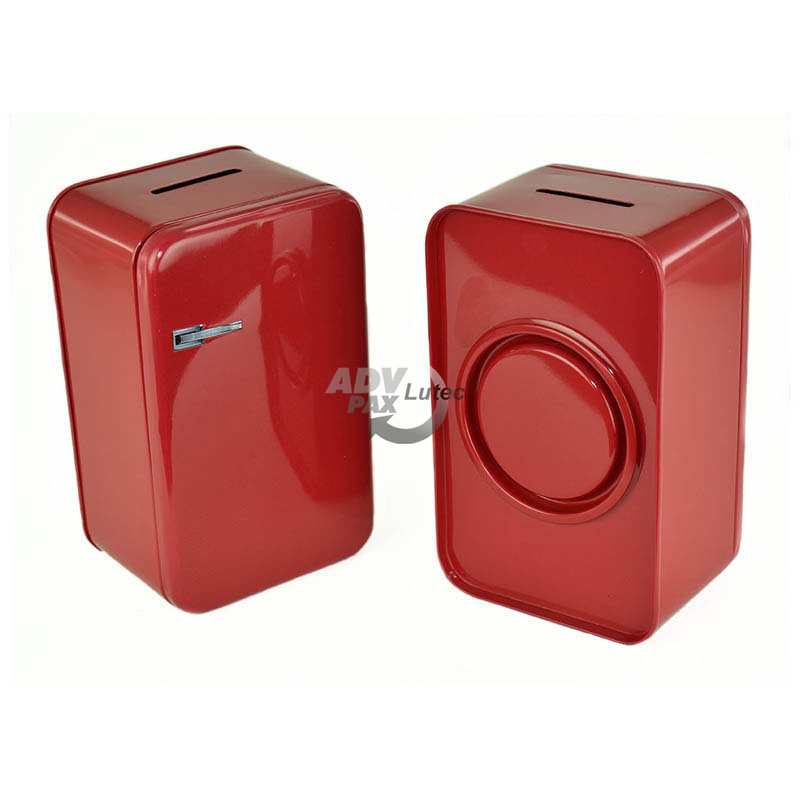 Spardose Retro-Kühlschrank aus Weißblech, rot, Ansicht Vorderseite, Rückseite
