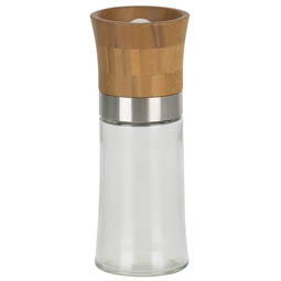 Kräuterdosen: Gewürzmühle mit Bambuskopf, Keramikmahlwerk und Glasbehälter.