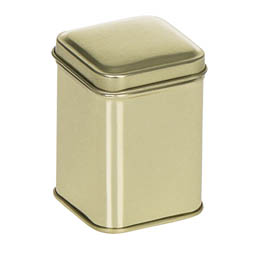 Bonbondosen: Traditionelle Dose für ca. 25 Gramm Tee; quadratische Stülpdeckeldose, goldfarben,  aus Weißblech.