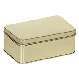 Apothekerdosen: kleine, rechteckige Stülpdeckeldose, goldfarben, aus elektrolytischem Weißblech.