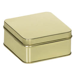 Quadratdosen: Geschenkverpackung aus Blech, z.B. für Pralinen; quadratische Stülpdeckeldose, goldfarben, aus Weißblech.