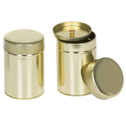 Themes: Dose, für ca. 100 Gramm Tee; runde Stülpdeckeldose mit Innendeckel, goldfarben, aus Weißblech.