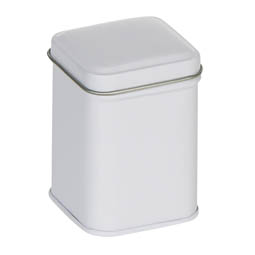 Blechverpackungen: Traditionelle Dose für ca. 25 Gramm Tee; quadratische Stülpdeckeldose, weiß, aus elektrolytischem Weißblech.