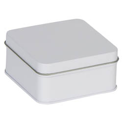 Konfektdosen: Geschenkverpackung aus Blech, z.B. für Pralinen; quadratische Stülpdeckeldose, weiß, aus Weißblech.