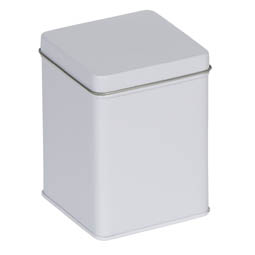 Teedosen: Traditionelle Dose für ca. 100 Gramm Tee; quadratische Stülpdeckeldose, weiß, aus elektrolytischem Weißblech.