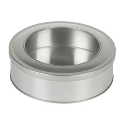 Silberne Dosen: Mittelgroße Dose, ideal für Bonbons und Drops; runde Stülpdeckeldose, silberfarben, mit Sichtfenster aus Weißblech