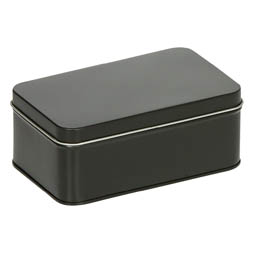 Pralinenschachteln: kleine, rechteckige Stülpdeckeldose, schwarz, aus elektrolytischem Weißblech.