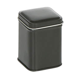 Apothekerdosen: Traditionelle Dose für ca. 25 Gramm Tee; quadratische Stülpdeckeldose, schwarz, aus Weißblech.