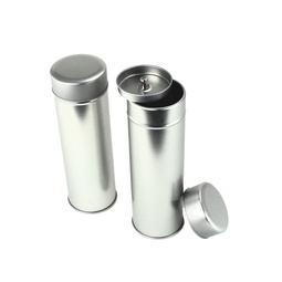 Kräuterdosen: Teedose elegant für Tee und Gewürze; runde Stülpdeckeldose, aus elektrolytischem Weißblech, mit doppeltem Deckel.