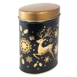 Weihnachtsdosen: Weihnachten Oval; ovale Stülpdeckeldose aus Weißblech, mit Weihnachtsmotiv.