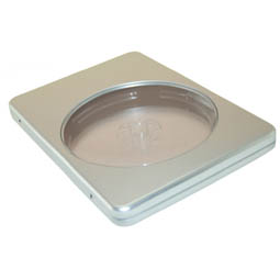 Leerdosen: DVD-Dose; rechteckige Scharnierdeckeldose aus Weißblech, mit rundem Sichtfenster von 118 mm Durchmesser.
