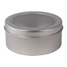 Blechdosen: Dose für Seifen Tee und Gewürze; runde Stülpdeckeldose mit Sichtfenster am Deckel aus Weißblech.