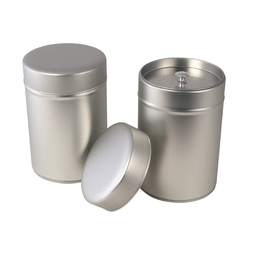 Teedosen: Große Doppeldeckeldose; runde Stülpdeckeldose aus Weißblech mit Innendeckel, für Tee und Gewürze.