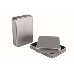 Blechdosen: rechteckige,  Stülpdeckeldose aus Weißblech. Metallverpackung