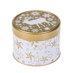 Themes: Weihnachtliche Dose, Weihnachtsmotiv mit Elch; runde Stülpdeckeldose, weiß / goldfarben, aus Weißblech.