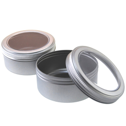 Metallschachteln: Royal tin; runde Schraubdeckeldose mit Sichtfenster am Deckel blank aus Weißblech