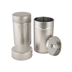 Kräuterdosen: Dual Dose für Tee und Gewürze; runde Stülpdeckeldose, aus elektrolytischem Weißblech, mit doppeltem Deckel.