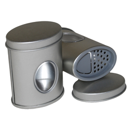 Kräuterdosen: Ovale Stülpdeckeldose für Gewürze, aus Weißblech mit Sichtfenster am Rumpf und Streueinsatz aus Kunststoff. 