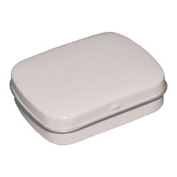 Pfefferminzdosen: Pocket tin weiss für Bonbons; rechteckige Scharnierdeckeldose aus elektrolytischem Weißblech.