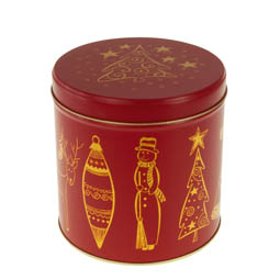 Blechverpackungen: Trendy rot; runde Dose für Lebkuchen, aus elektrolytischem Weißblech mit Stülpdeckel und modernem Glanzeffekt.