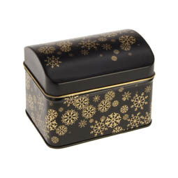 Individuelle Verpackungen: Weihnachtliche Dose, schwarz, gold, Weihnachtsmotiv mit Schneeflocken, rechteckige Stülpdeckeldose 104x76x80 mm, aus Weißblech.