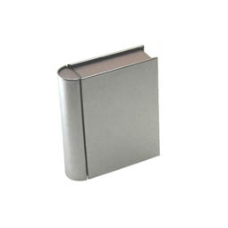 Zahndosen: Buchdose, rechteckige Scharnierdeckeldose aus elektrolytischem Weißblech in Buchform als Geschenverpackung.