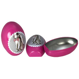 Blechdosen: Osterei-Dose als Geschenkverpackung. Stülpdeckeldose aus Weißblech, Ei stehend, mit Oster-Dekor, Hasen-Motiv.