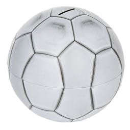 Eindrückdeckeldosen: Fußball-Spardose, Kugelförmige Stülpdeckeldose, weiß / schwarz, aus Weißblech.
