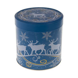 Blaue Dosen: Runde Stülpdeckeldose aus Weißblech für Lebkuchen und Weihnachtsgebäck, mit weihnachtlichem Elch-Motiv.