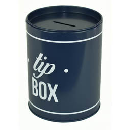 Sammeldosen: Tip Box als Spardose; Blechspardose mit bedruckung aus elektrolytischem Weißblech mit Stülpdeckel und Sparschlitz