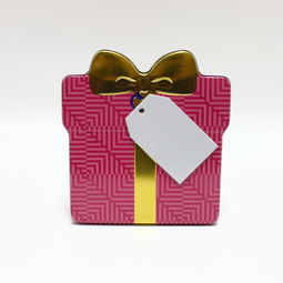 Sonderformen: Schmuckdose Geschenkdose pink mit goldener stilisierter Schleife, Weißblechdose Draufsicht stehend