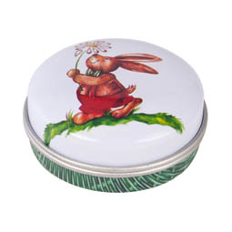 Ostern: Hase Korb micro, kleine runde Stülpdeckeldose aus elektrolytischem Weißblech mit Kunststoffinsert.