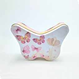 Sonderformen: Korbdose mit Schmetterlingsmotiv als Geschenkverpackung für Ostern. Stülpdeckeldose in Schmetterlingsform aus Weißblech mit Henkel. Draufsicht auf Deckel, stehend