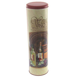 Sonderposten: Dose für Weinflasche, Geschenkverpackung; runde Stülpdeckeldose, bedruckt mit Weinmotiv, aus Weißblech.