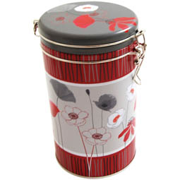 Designdosen: Dose für Kaffee, ca.1 Pfund; runde Bügelverschlussdose, bedruckt mit Mohndesign, aus Weißblech.