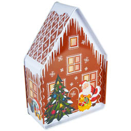 Themen: Lebkuchenhaus X-mas; Eindrückdeckeldose in Hausform, bedruckt mit Lebkuchenhaus-Motiv, aus Weißblech.