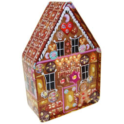 Schmuckdosen: Lebkuchenhaus X-mas; Eindrückdeckeldose in Hausform, bedruckt mit Lebkuchenhaus-Motiv, aus Weißblech.