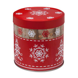 Aufbewahrungsdosen: Lebkuchendose; runde Stülpdeckeldose, rot, bedruckt mit nostalgischem Motiv, aus Weißblech.