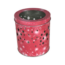 Konfektdosen: Teelichtdose Traum; runde Stülpdeckeldose aus Weißblech mit ausgestanztem Sternenhimmel.