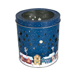 Kakaodosen: Teelichtdose Winter night; runde Stülpdeckeldose aus Weißblech mit ausgestanztem Sternenhimmel.