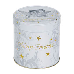 Themes: Dose für Weihnachten. Runde Stülpdeckeldose aus Weißblech mit Weihnachtsmotiv und Aufdruck „Merry Christmas“.
