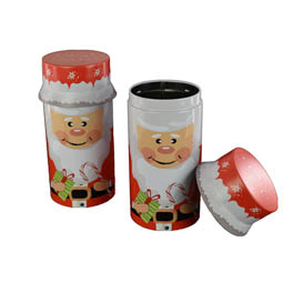 Blechverpackungen: Runde mittelgroße Dose - Weihnachtsmann -Stülpdeckeldos, aus Weißblech.