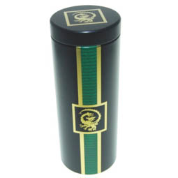 Frischhaltedosen: Dose Tee Dragon, für Tee; lange, runde Stülpdeckeldose , grün, bedruckt, Drachenmotiv, aus Weißblech.