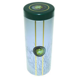 Aromadosen: Dose Tee Garden, für Tee; lange, runde Stülpdeckeldose, weiß/grün, bedruckt, dia.65/170 mm, aus Weißblech.