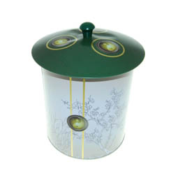 Essensdosen: Dose Tee Garden Maxi, für Tee; große, runde Stülpdeckeldose, weiß/grün, bedruckt, mit Deckelknopf.