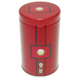 Essensdosen: Dose Red Sun, für Tee; kleinere, runde Stülpdeckeldose, rot, bedruckt, dia. 60/102 mm, aus Weißblech.