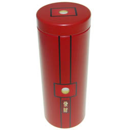 Aromadosen: Dose Red Sun, für Tee; lange, runde Stülpdeckeldose, rot, bedruckt, dia. 65/170 mm, aus Weißblech.
