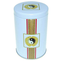 Essensdosen: Dose Yin Yang, für Tee; kleinere, runde Stülpdeckeldose, weiß, bedruckt, dia. 60/102 mm, aus Weißblech.