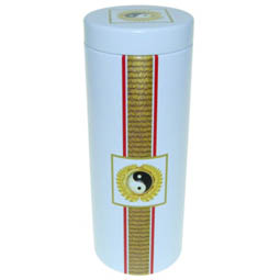 Kakaodosen: Dose Yin Yang, für Tee; lange, runde Stülpdeckeldose, weiß, bedruckt, dia. 65/170 mm, aus Weißblech.